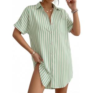 image:imageMANGOPOP Swimsuit Coverup for Women Striped Bathing Suit Cover Up Button Down Shirt Beach Cover Ups Dress 2026 Summer OutfitsGreen