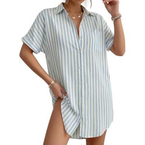 image:imageMANGOPOP Swimsuit Coverup for Women Striped Bathing Suit Cover Up Button Down Shirt Beach Cover Ups Dress 2026 Summer OutfitsLight Blue