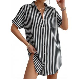 image:imageMANGOPOP Swimsuit Coverup for Women Striped Bathing Suit Cover Up Button Down Shirt Beach Cover Ups Dress 2026 Summer OutfitsNavy Blue