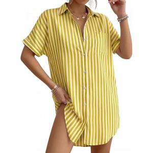 image:imageMANGOPOP Swimsuit Coverup for Women Striped Bathing Suit Cover Up Button Down Shirt Beach Cover Ups Dress 2026 Summer OutfitsYellow