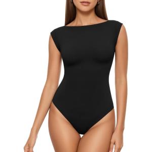 image:imageMANGOPOP Womens Boat Neck Double Lined Bodysuits Cap Sleeve Thong Basic Tank Body Suit Fitted Going Out Tops 202601 Black