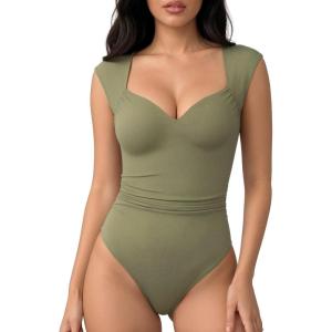 image:imageMANGOPOP Womens Sweetheart Neck Sleeveless Thong Bodysuit Sexy Mesh Ruched Double Lined Tank Top Body Suits Going Out TopsArmy Green