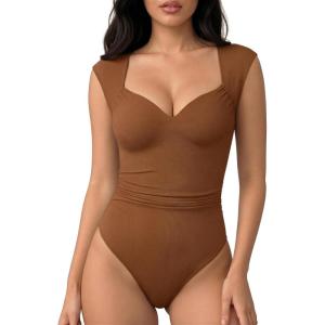 image:imageMANGOPOP Womens Sweetheart Neck Sleeveless Thong Bodysuit Sexy Mesh Ruched Double Lined Tank Top Body Suits Going Out TopsBrown