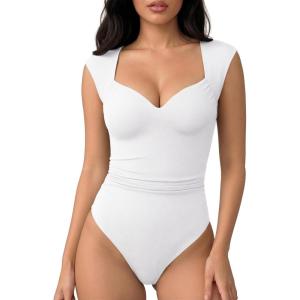 image:imageMANGOPOP Womens Sweetheart Neck Sleeveless Thong Bodysuit Sexy Mesh Ruched Double Lined Tank Top Body Suits Going Out TopsWhite