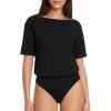 image:imageMANGOPOP Womens Boat Neck Half Sleeve Bodysuit 34 Sleeve Sexy Body Suit Casual Versatile One Shoulder Going Out Shirts TopsBlack