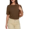 image:imageMANGOPOP Womens Boat Neck Half Sleeve Bodysuit 34 Sleeve Sexy Body Suit Casual Versatile One Shoulder Going Out Shirts TopsCoffee