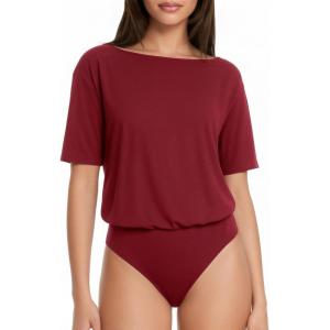 image:imageMANGOPOP Womens Boat Neck Half Sleeve Bodysuit 34 Sleeve Sexy Body Suit Casual Versatile One Shoulder Going Out Shirts TopsBurgundy