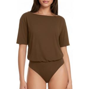 image:imageMANGOPOP Womens Boat Neck Half Sleeve Bodysuit 34 Sleeve Sexy Body Suit Casual Versatile One Shoulder Going Out Shirts TopsCoffee