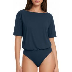 image:imageMANGOPOP Womens Boat Neck Half Sleeve Bodysuit 34 Sleeve Sexy Body Suit Casual Versatile One Shoulder Going Out Shirts TopsDeep Blue
