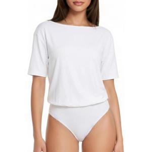 image:imageMANGOPOP Womens Boat Neck Half Sleeve Bodysuit 34 Sleeve Sexy Body Suit Casual Versatile One Shoulder Going Out Shirts TopsWhite