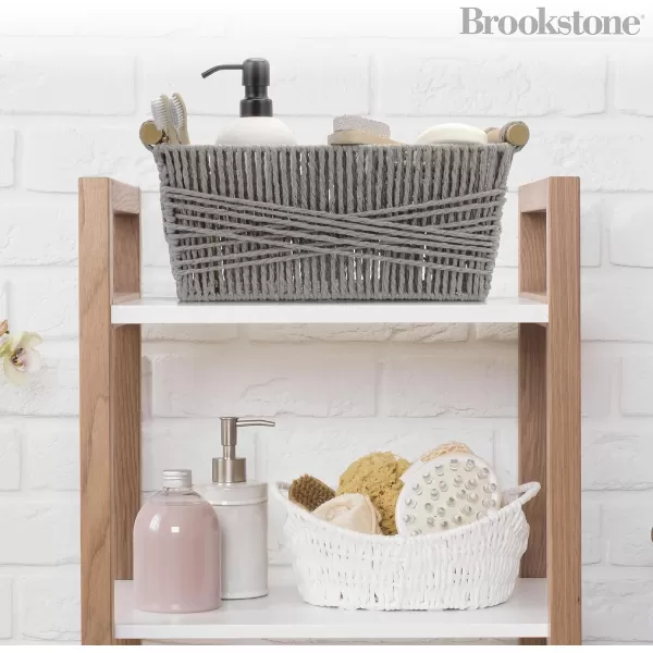 BROOKSTONE 2 PIECE SET Wicker Storage Basket with Crafted Wood Handles Organization and Storage Container Decorative Shelf Bin Over the Toilet Paper Reserve Suitable for Any Home Dcor StyleFrench Gray