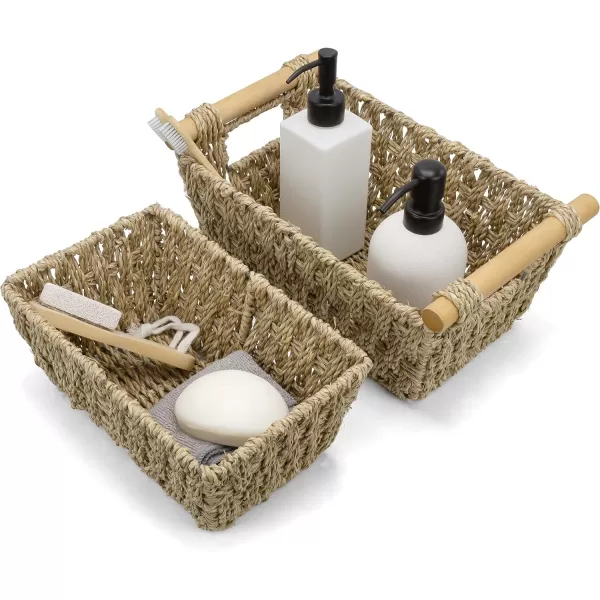 BROOKSTONE 2 PIECE SET Wicker Storage Basket with Crafted Wood Handles Organization and Storage Container Decorative Shelf Bin Over the Toilet Paper Reserve Suitable for Any Home Dcor StyleNatural