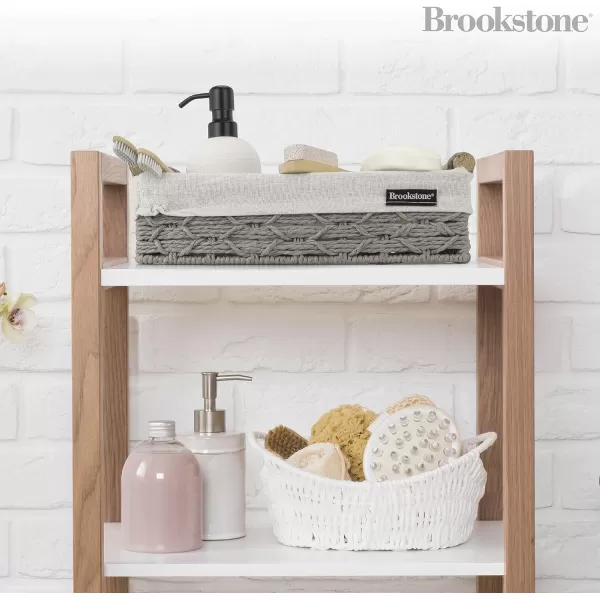 BROOKSTONE 2 PIECE SET Wicker Storage Basket with Crafted Wood Handles Organization and Storage Container Decorative Shelf Bin Over the Toilet Paper Reserve Suitable for Any Home Dcor StyleStone Gray