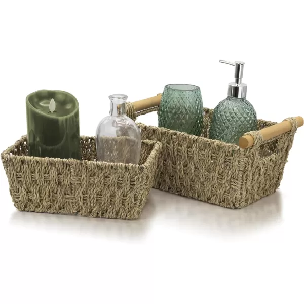 BROOKSTONE 2 PIECE SET Wicker Storage Basket with Crafted Wood Handles Organization and Storage Container Decorative Shelf Bin Over the Toilet Paper Reserve Suitable for Any Home Dcor StyleNatural