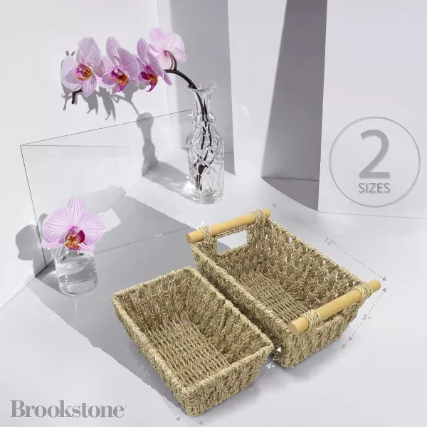 BROOKSTONE 2 PIECE SET Wicker Storage Basket with Crafted Wood Handles Organization and Storage Container Decorative Shelf Bin Over the Toilet Paper Reserve Suitable for Any Home Dcor StyleNatural