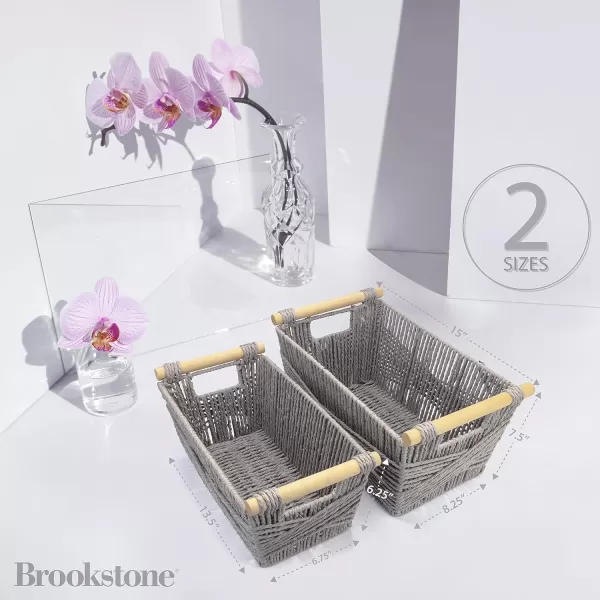 BROOKSTONE 2 PIECE SET Wicker Storage Basket with Crafted Wood Handles Organization and Storage Container Decorative Shelf Bin Over the Toilet Paper Reserve Suitable for Any Home Dcor StyleFrench Gray