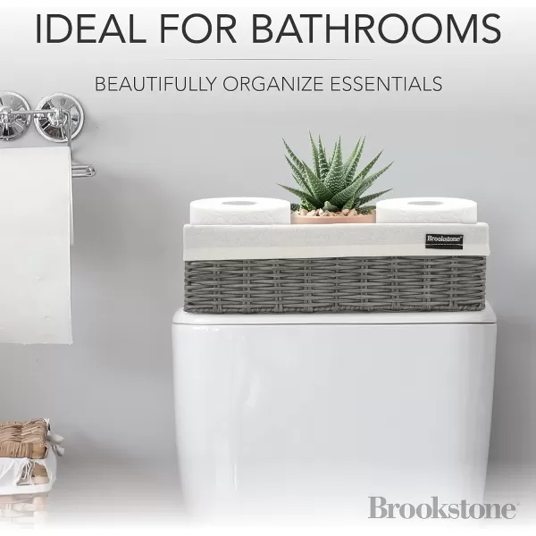 BROOKSTONE 2 PIECE SET Wicker Storage Basket with Crafted Wood Handles Organization and Storage Container Decorative Shelf Bin Over the Toilet Paper Reserve Suitable for Any Home Dcor StyleDark Gray