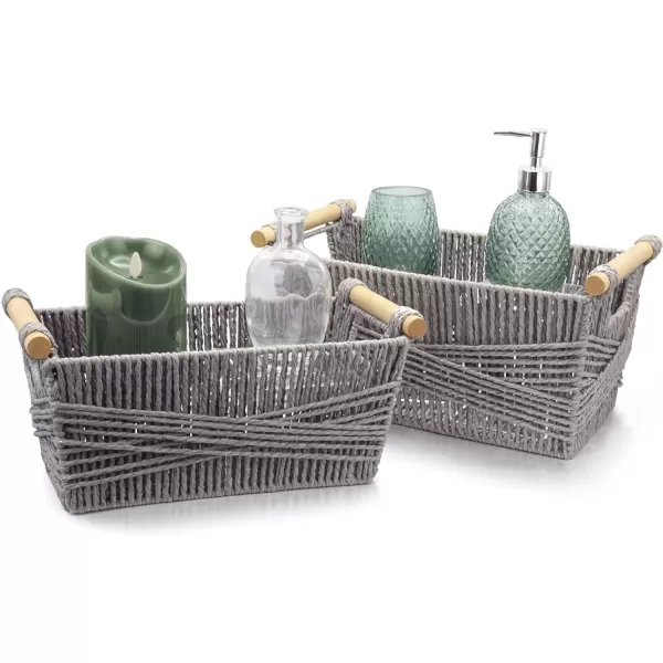 BROOKSTONE 2 PIECE SET Wicker Storage Basket with Crafted Wood Handles Organization and Storage Container Decorative Shelf Bin Over the Toilet Paper Reserve Suitable for Any Home Dcor StyleFrench Gray