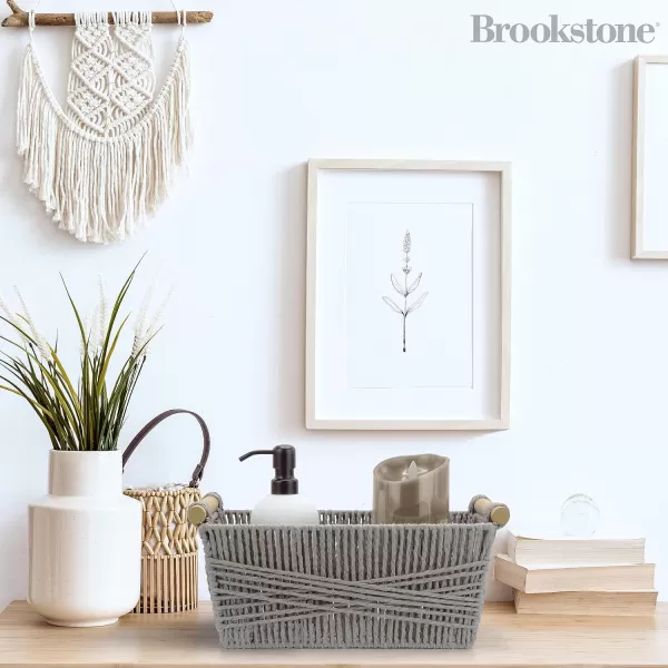 BROOKSTONE 2 PIECE SET Wicker Storage Basket with Crafted Wood Handles Organization and Storage Container Decorative Shelf Bin Over the Toilet Paper Reserve Suitable for Any Home Dcor StyleFrench Gray