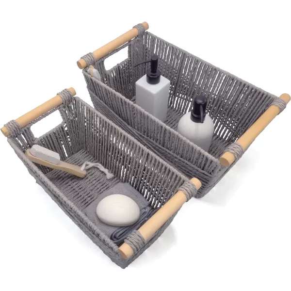 BROOKSTONE 2 PIECE SET Wicker Storage Basket with Crafted Wood Handles Organization and Storage Container Decorative Shelf Bin Over the Toilet Paper Reserve Suitable for Any Home Dcor StyleFrench Gray