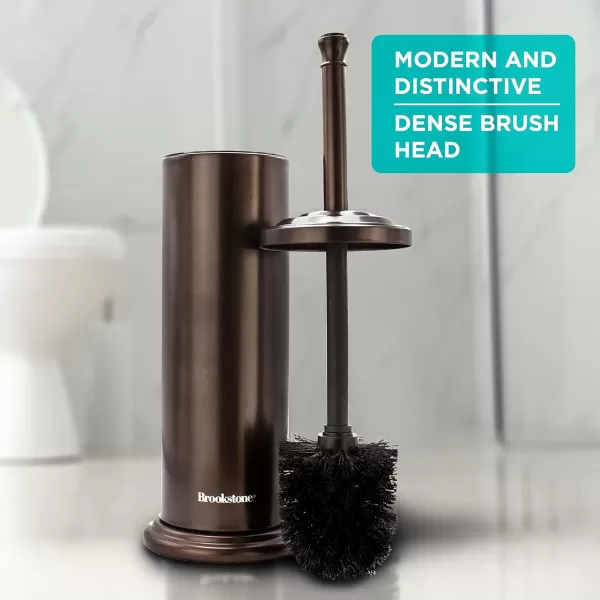 BROOKSTONE Rusted Bronze Metallic Toilet Brush with Holder Long Handle for Deep Bowl Cleaning Splash Protective Disc Stylish Modern Space Saving Design Leakproof Inner ContainerSmooth Bronze