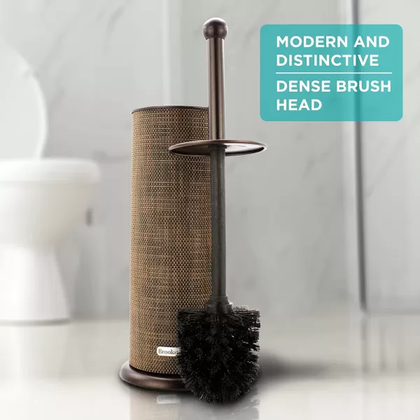 BROOKSTONE Rusted Bronze Metallic Toilet Brush with Holder Long Handle for Deep Bowl Cleaning Splash Protective Disc Stylish Modern Space Saving Design Leakproof Inner ContainerPatterned Bronze