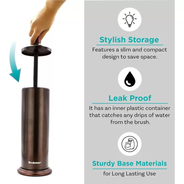 BROOKSTONE Rusted Bronze Metallic Toilet Brush with Holder Long Handle for Deep Bowl Cleaning Splash Protective Disc Stylish Modern Space Saving Design Leakproof Inner ContainerSmooth Bronze