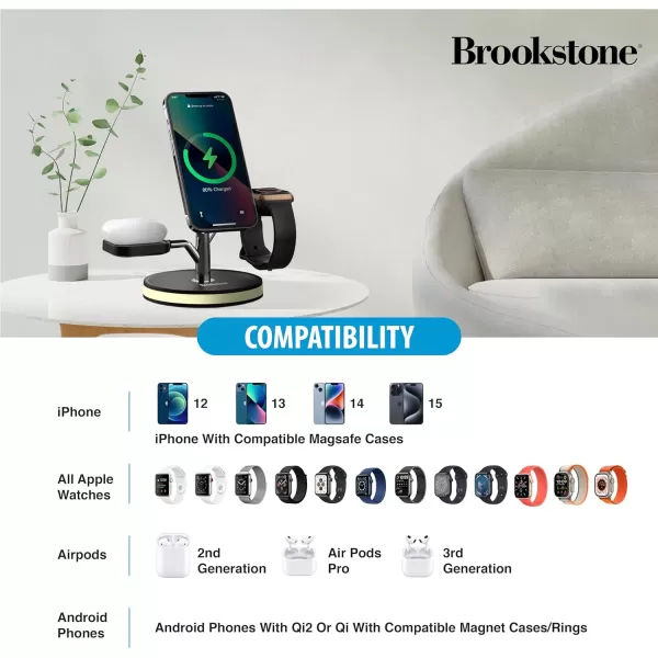 Brookstone 3 in 1 Wireless Charging Station Compatible with MagSafe 2 Port 18W Wall Charger High Speed Cable for iPhone 15141312 Pro Max Series Apple iWatch Series and Airpods 3 2 ProBlack with Charger