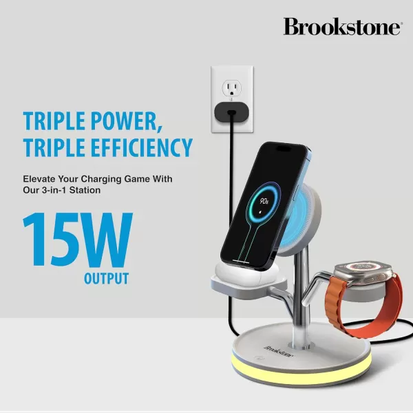 Brookstone 3 in 1 Wireless Charging Station Compatible with MagSafe 2 Port 18W Wall Charger High Speed Cable for iPhone 15141312 Pro Max Series Apple iWatch Series and Airpods 3 2 ProWhite with Charger