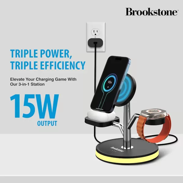 Brookstone 3 in 1 Wireless Charging Station Compatible with MagSafe 2 Port 18W Wall Charger High Speed Cable for iPhone 15141312 Pro Max Series Apple iWatch Series and Airpods 3 2 ProBlack with Charger