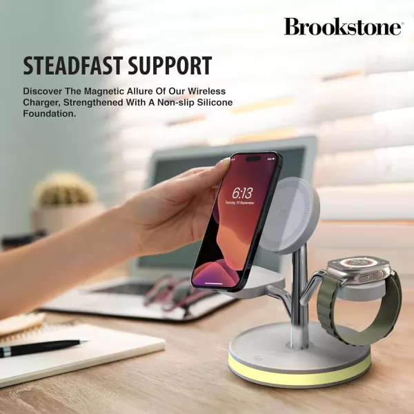 Brookstone 3 in 1 Wireless Charging Station Compatible with MagSafe 2 Port 18W Wall Charger High Speed Cable for iPhone 15141312 Pro Max Series Apple iWatch Series and Airpods 3 2 ProWhite with Charger