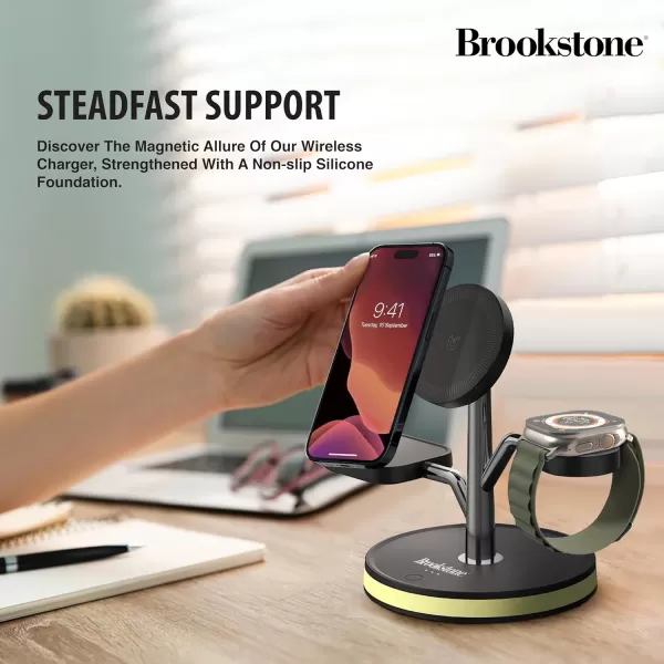 Brookstone 3 in 1 Wireless Charging Station Compatible with MagSafe 2 Port 18W Wall Charger High Speed Cable for iPhone 15141312 Pro Max Series Apple iWatch Series and Airpods 3 2 ProBlack with Charger