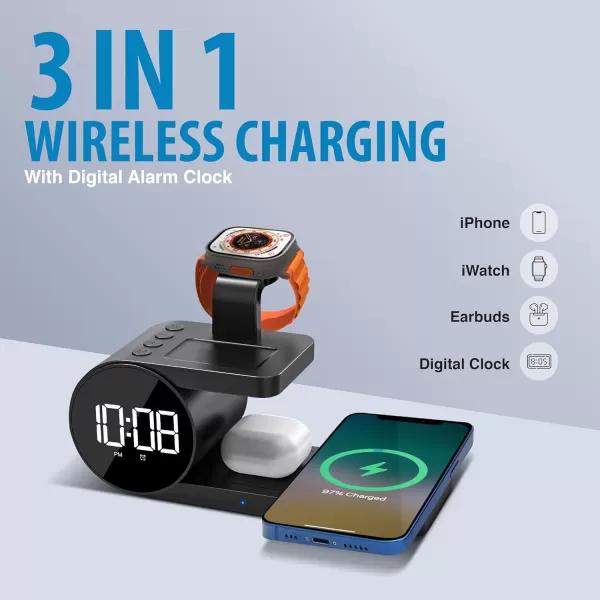 Brookstone 4in1 Wireless Charging Station Stylish  Compatible for iPhone 15141312 Pro Max Series All iWatch Series Compatible with Airpods 32 Pro Wireless Charging Station with ClockBlack