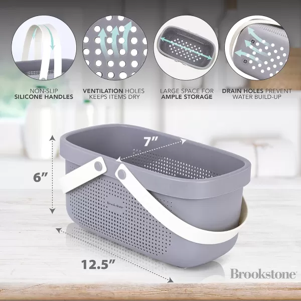 Brookstone BKH1634 Large Portable Shower Caddy with Soft Silicone Carrying Handle Bathroom Organizer Basket Plastic Bath Tote Dries Quickly with Drainage Holes BPA Free Blush ColorGray