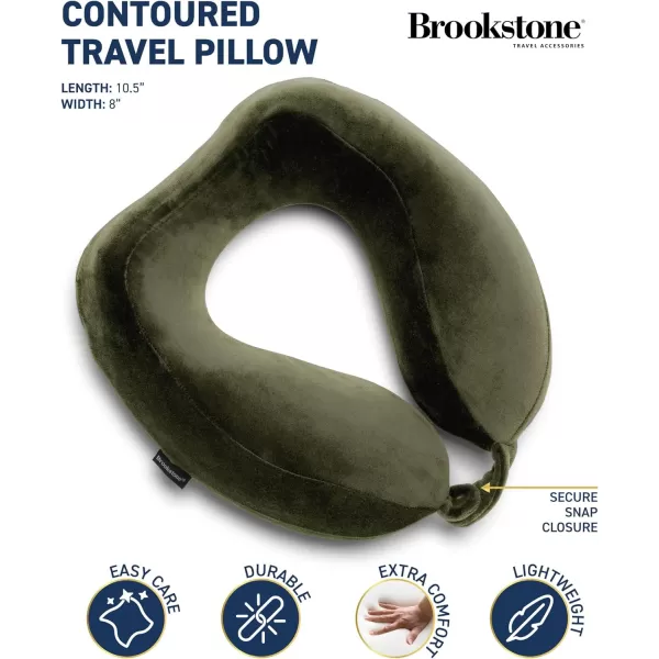 Brookstone Contoured Memory Foam Head and Neck Travel Pillow Ergonomic and Lightweight OliveOlive