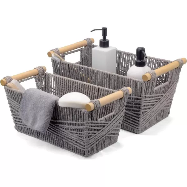 BROOKSTONE 2 PIECE SET Wicker Storage Basket with Crafted Wood Handles Organization and Storage Container Decorative Shelf Bin Over the Toilet Paper Reserve Suitable for Any Home Dcor StyleFrench Gray