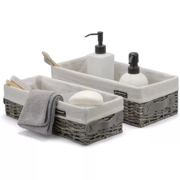 BROOKSTONE 2 PIECE SET Wicker Storage Basket with Crafted Wood Handles Organization and Storage Container Decorative Shelf Bin Over the Toilet Paper Reserve Suitable for Any Home Dcor StyleGray