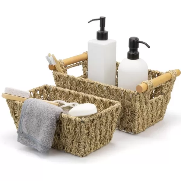 BROOKSTONE 2 PIECE SET Wicker Storage Basket with Crafted Wood Handles Organization and Storage Container Decorative Shelf Bin Over the Toilet Paper Reserve Suitable for Any Home Dcor StyleNatural