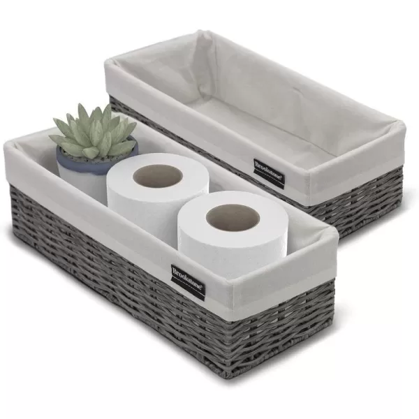 BROOKSTONE 2 PIECE SET Wicker Storage Basket with Crafted Wood Handles Organization and Storage Container Decorative Shelf Bin Over the Toilet Paper Reserve Suitable for Any Home Dcor StyleDark Gray