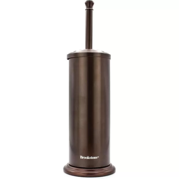 BROOKSTONE Rusted Bronze Metallic Toilet Brush with Holder Long Handle for Deep Bowl Cleaning Splash Protective Disc Stylish Modern Space Saving Design Leakproof Inner ContainerSmooth Bronze