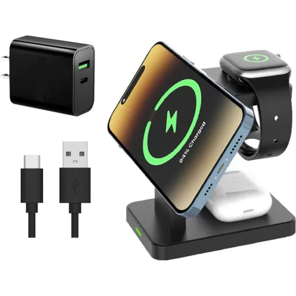 Brookstone 3 in 1 Wireless Charging Station Compatible with MagSafe Charger 2 Port 18W Wall Charger Rapid Cable Wireless Charger for iPhone 15141312 Pro Max iWatch Series Airpods 3 2 ProBlack with Charger