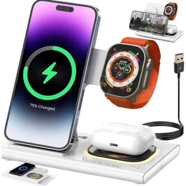 Brookstone 3in1 Wireless Charging Station 2 Port 18W Wall Charger  High Speed Cable for Apple iPhone 15 14 13 12 11 Pro MaxPlusMiniXXSMaxXRSE Apple iWatch Series  Airpods Pro 2 3White