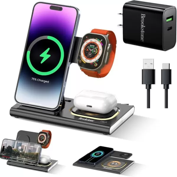 Brookstone 3in1 Wireless Charging Station 2 Port 18W Wall Charger  High Speed Cable for Apple iPhone 15 14 13 12 11 Pro MaxPlusMiniXXSMaxXRSE Apple iWatch Series  Airpods Pro 2 3Black with Charger