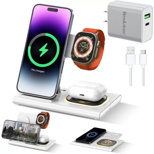 Brookstone 3in1 Wireless Charging Station 2 Port 18W Wall Charger  High Speed Cable for Apple iPhone 15 14 13 12 11 Pro MaxPlusMiniXXSMaxXRSE Apple iWatch Series  Airpods Pro 2 3White with Charger