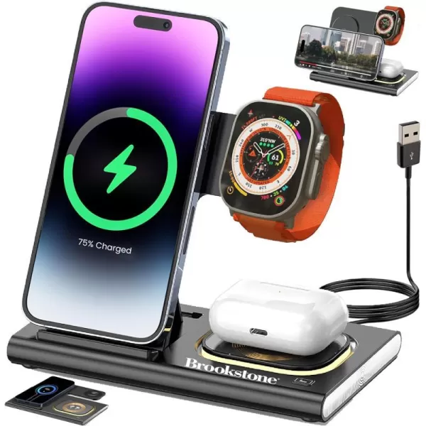 Brookstone 3in1 Wireless Charging Station 2 Port 18W Wall Charger  High Speed Cable for Apple iPhone 15 14 13 12 11 Pro MaxPlusMiniXXSMaxXRSE Apple iWatch Series  Airpods Pro 2 3Black