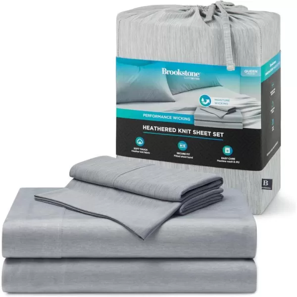 Brookstone Heathered Knit Moisture Wicking Queen Sheet Set  Innovative Breathable Fabric for AllNight Use by Hot Sleepers  4Piece Set of Soft Bed Sheet Fitted Sheet Two Pillowcases  GreyGray