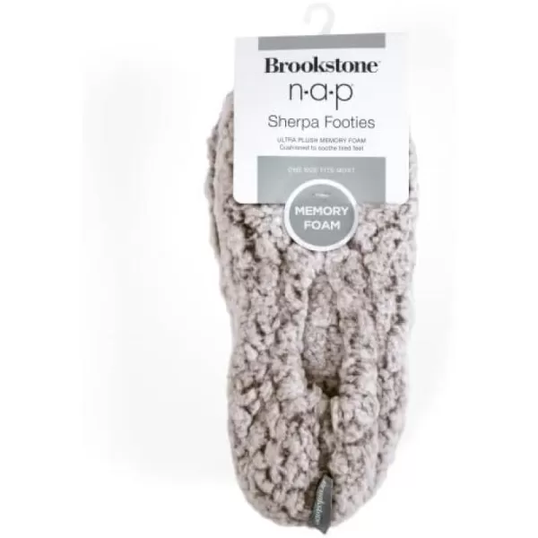 Brookstone Plush Footies  Slippers with Memory Foam Insole  UltraSoft Sherpa Footies for Indoor Wear NonSkid Sole OneSizeFitsMost Machine Washable Slippers for WomenSherpa  Feather Grey