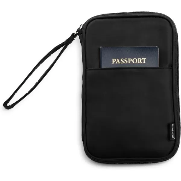 Brookstone Travel Wallet  RFIDBlocking Passport Card Vaccine Organizer Wristlet Strap  Family Document Holder Cover Case BlackBlack