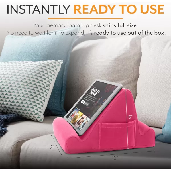 Brookstone  Memory Foam Lap Desk Tablet Holder Holds Phones iPads EBook Readers 2 Viewing Angles 2 Side Pockets for Accessories Book Holder Cushion Perfect for Home Car Travel ampamp FlightsHot Pink