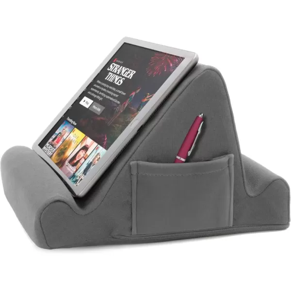 Brookstone  Memory Foam Lap Desk Tablet Holder Holds Phones iPads EBook Readers 2 Viewing Angles 2 Side Pockets for Accessories Book Holder Cushion Perfect for Home Car Travel ampamp FlightsGray